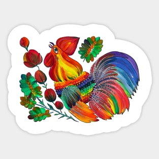 Magic cock. Petrykivka painting. Rainbow rooster Sticker